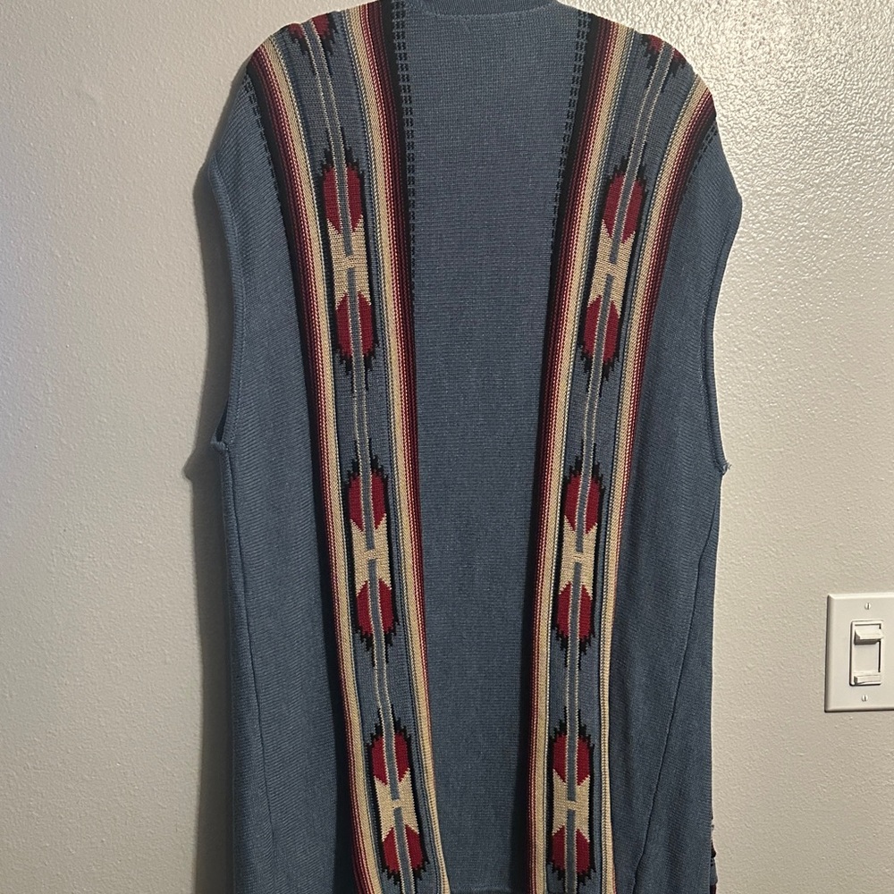 Chaps Blue Southwestern Open-Front Vest with Red Accents - Picture 6 of 12